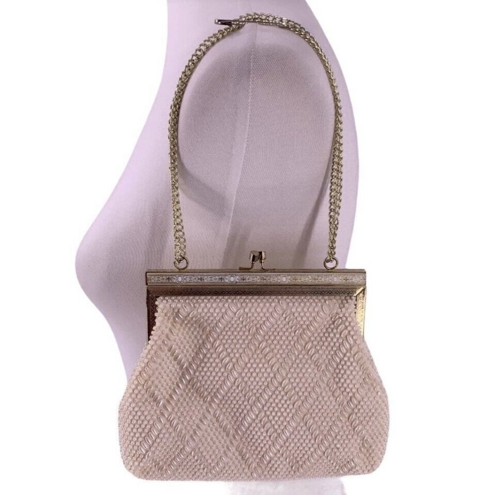 Vintage White Pearl Beaded Enamel & Gold Metal Frame Handbag Hong Kong